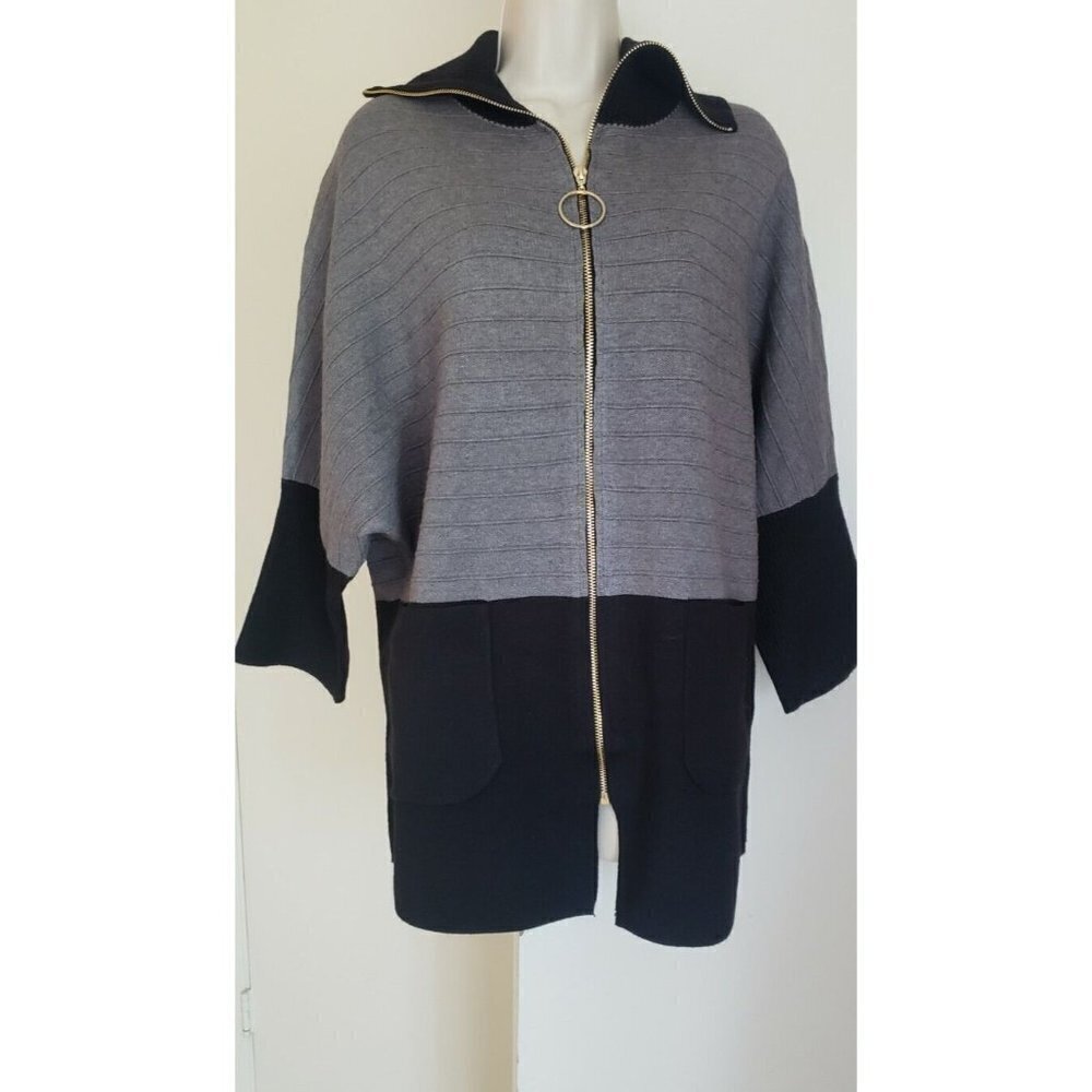 NWT ROMIMONA WOMEN'S BLACK GREY ZIPPER CLOSURE SWEATER TOP CARDIGAN SMALL